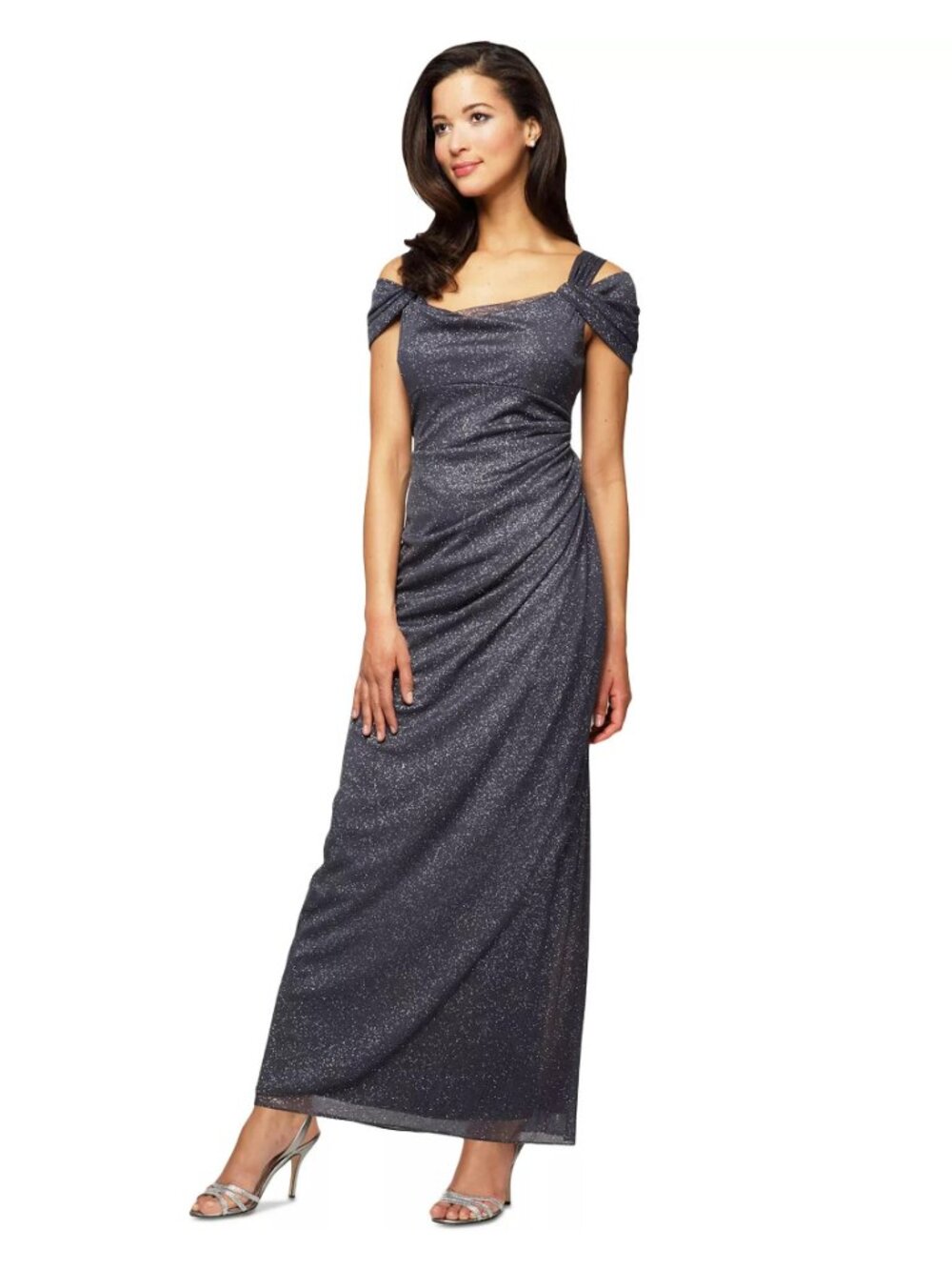 ✨ Alex Evenings 233026 Cold-Shoulder Draped Metallic Gown – Smoke – 12P NWT